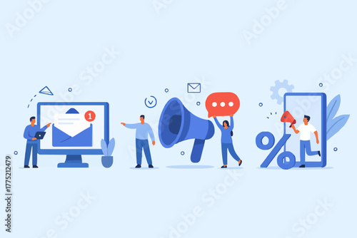 Social media promotion scenes. Characters using big loudspeaker to communicate with audience, sending advertising emails, offering sale and discount. Flat cartoon vector illustration and icons set.