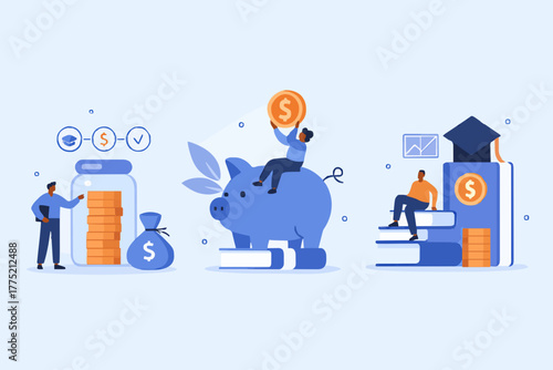 Financial education illustration set. Student characters investing money in education and knowledge. Personal finance management and financial literacy concept. Vector illustration.