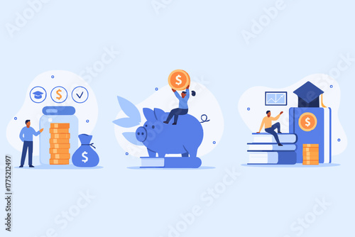 Financial education illustration set. Student characters investing money in education and knowledge. Personal finance management and financial literacy concept. Vector illustration.