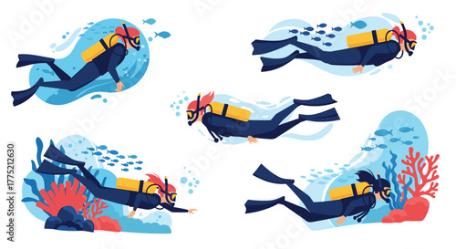 Diverse group of scuba divers exploring a vibrant coral reef with schools of fish.