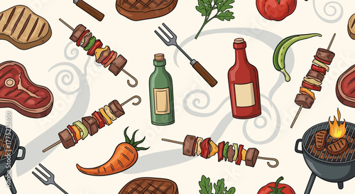 Seamless pattern of barbecue food and cooking utensils on a light background.