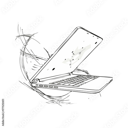 Sketch of a laptop with the screen partially open, surrounded by abstract lines.