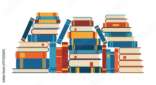 A colorful collection of stacked books and loose books scattered on a white background.