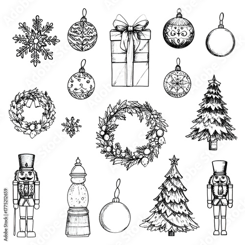 Collection of hand-drawn holiday elements ornaments, wreaths, trees, and nutcrackers