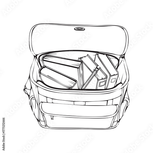 Open school bag filled with books and a pencil, black and white line art.
