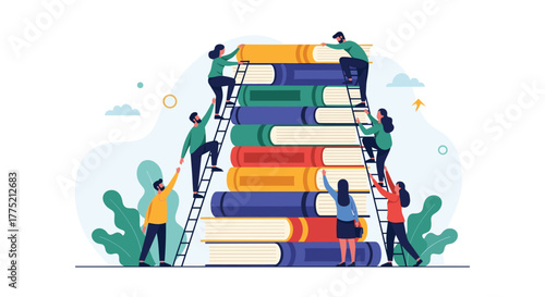 Diverse people climb a ladder to reach the top of a stack of colorful books, symbolizing education and progress.