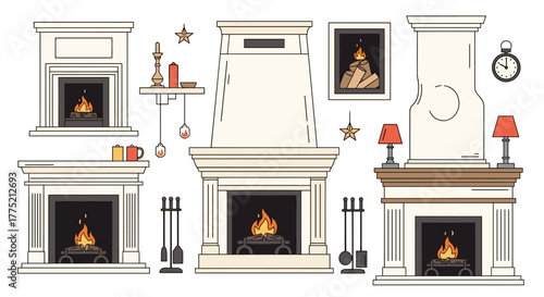 Collection of decorative fireplaces with burning fires and surrounding accessories.
