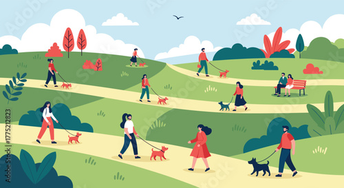 People enjoy a sunny day walking their dogs in a vibrant park with rolling green hills.