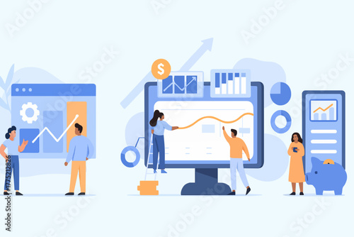 Financial illustration set. Characters investing money in stock market. People analyzing financial graphs, charts and diagrams and other data. Stock trading concept. Vector illustration.