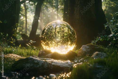 Fototapeta Naklejka Na Ścianę i Meble -  crystal ball filled with glowing sunlit raindrops, floating in magical forest