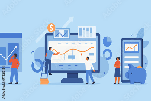 Financial illustration set. Characters investing money in stock market. People analyzing financial graphs, charts and diagrams and other data. Stock trading concept. Vector illustration.