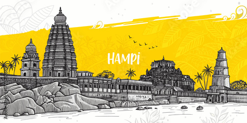 Hampi Skyline Illustration Featuring Virupaksha Temple, Vittala Temple & Tungabhadra River for Travel Promotion and Wall Art