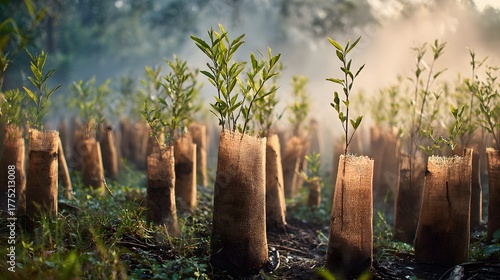 Fototapeta Naklejka Na Ścianę i Meble -  Young tree seedlings growing in biodegradable bags at sunrise, symbolizing reforestation, sustainability, and hope for a greener future through environmental conservation and eco-friendly agriculture.