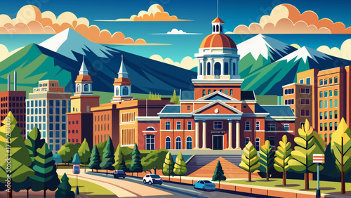 Very beautiful view of downtown Colorado Springs, Colorado, United States, featuring the elegant Pioneers Museum surrounded by city streets, mountain backdrop, and a clear blue sky highlighting urban 