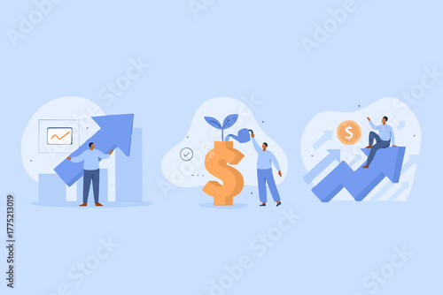 Finance growth illustration set. Characters analyzing investments, celebrating financial success and money growth. Money increasing concept. Vector illustration.