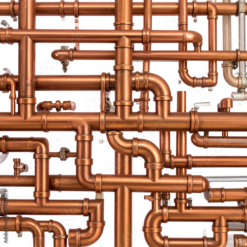 Complex network of copper piping, elbows, and joints against a stark background