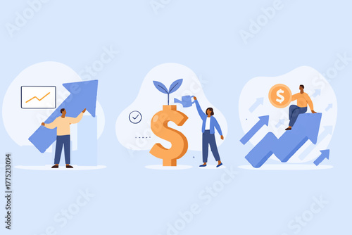 Finance growth illustration set. Characters analyzing investments, celebrating financial success and money growth. Money increasing concept. Vector illustration.