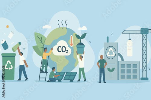 Environmental protection illustration set. Characters collecting plastic trash into recycling garbage bin, trying to reduce CO2 emission, working in green recycling industry. Vector illustration.