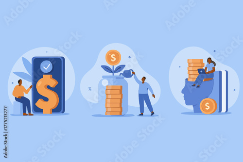 Investment illustration set. People characters investing money in self development, knowledge and education. Personal finance management and financial literacy concept. Vector illustration.