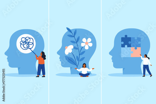 Mental health illustration set. Character with mental disorder fight against stress, depression, emotional burnout and other psychological problems. Psychotherapy concept. Vector illustration.