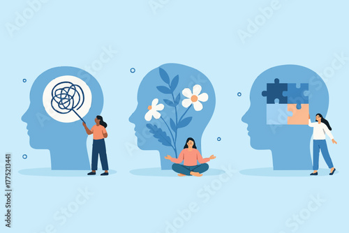 Mental health illustration set. Character with mental disorder fight against stress, depression, emotional burnout and other psychological problems. Psychotherapy concept. Vector illustration.