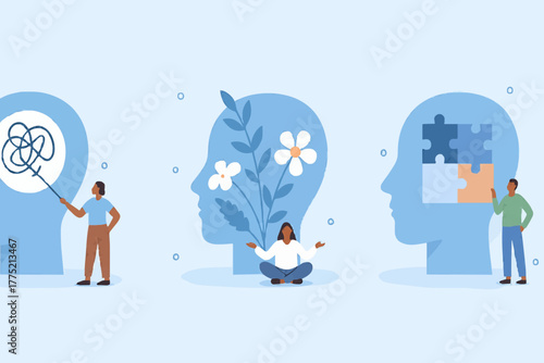 Mental health illustration set. Character with mental disorder fight against stress, depression, emotional burnout and other psychological problems. Psychotherapy concept. Vector illustration.