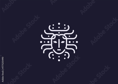 An abstract Medusa logo in elegant line style, combining geometric hair patterns with a mysterious face outline, symbolizing power, transformation, and myth in minimalist vector art