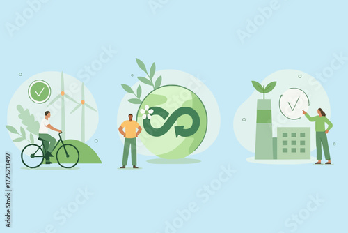 Circular economy illustration set. Sustainable economic growth with renewable energy and natural resources. Green energy, sustainable industry and manufacturing concept. Vector illustration.