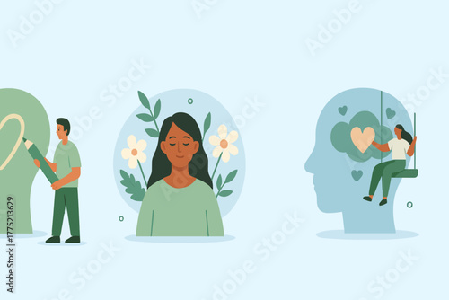 Healthy mentality and self care illustration set. Happy woman feel confident, relax, accept and love herself. Selfcare and acceptance concept. Vector illustration.
