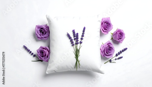 A white pillow adorned with lavender and purple roses, arranged on a white background