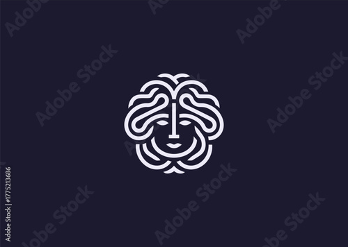 An abstract Medusa logo in elegant line style, combining geometric hair patterns with a mysterious face outline, symbolizing power, transformation, and myth in minimalist vector art