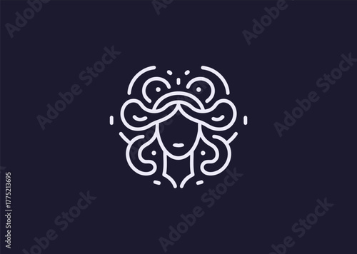 An abstract Medusa logo in elegant line style, combining geometric hair patterns with a mysterious face outline, symbolizing power, transformation, and myth in minimalist vector art