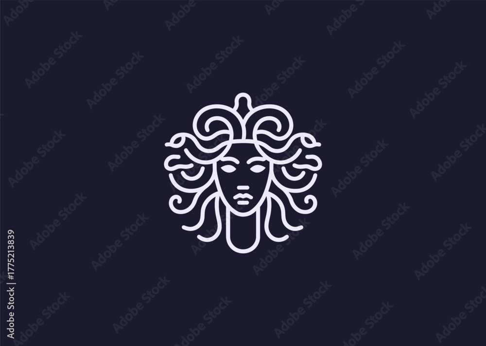 Fototapeta premium An abstract Medusa logo in elegant line style, combining geometric hair patterns with a mysterious face outline, symbolizing power, transformation, and myth in minimalist vector art