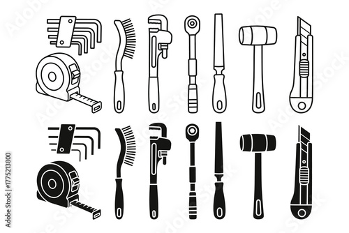 Hand tools outline and silhouette icon set with wrench, cutter, brush, tape measure, hammer for industrial, workshop, repair. Mechanic equipment line art and solid element design pack for construction