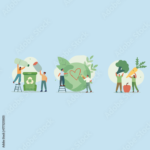 Sustainable lifestyle set. People collecting plastic trash into recycling garbage bin, trying to save planet earth and following vegan diet. Flat cartoon vector illustration and icons set.