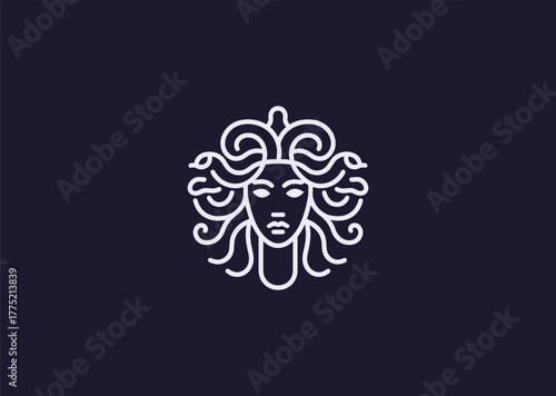 An abstract Medusa logo in elegant line style, combining geometric hair patterns with a mysterious face outline, symbolizing power, transformation, and myth in minimalist vector art