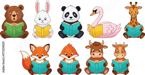 Cartoon animals reading books, cute animal illustration, educational animal characters, children learning, animal group reading, colorful book scene