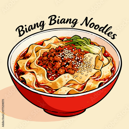 A vibrant vector depiction of a classic Shaanxi province dish with wide, chewy noodles, chili oil, and savory toppings, biang biang noodles