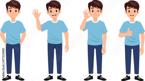 Cartoon boy illustration, character poses, hand gestures, smiling expression, casual outfit, vector art, youth clipart, animation asset, design element, friendly