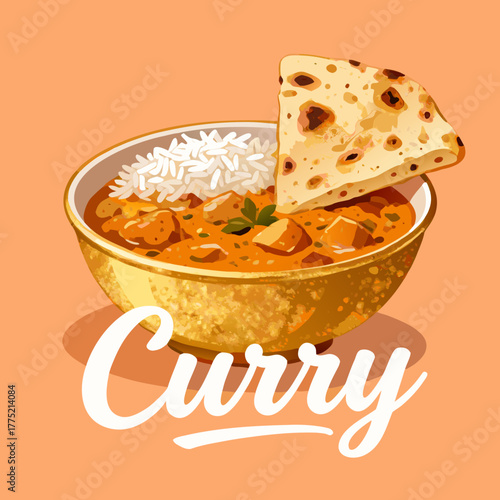 Stylized vector art of a popular Indian food meal, featuring a rich curry stew, rice, and flatbread