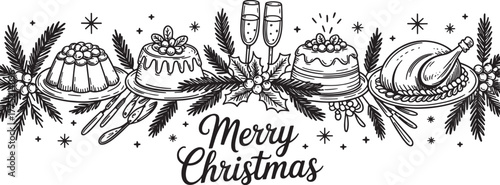 Christmas feast with cakes, turkey, and champagne