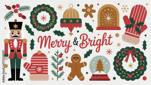 Merry and bright christmas elements with nutcracker and gingerbread man