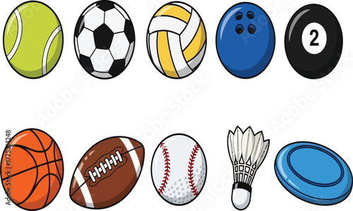 A colorful assortment of sports balls and equipment isolated on white background tennis, soccer, volleyball, billiard, basketball, football, baseball, and more