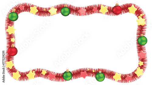 Christmas tinsel frame with baubles and stars