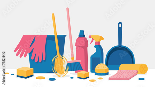 Cleaning supplies including a bucket, gloves, broom, brush, and sprays