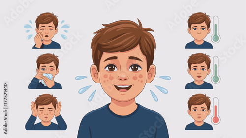 Boy showing symptoms of illness and fever, health concept