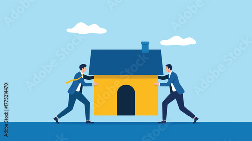 Two businessmen carrying a house together, symbolizing teamwork