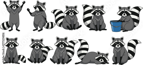 Cartoon raccoon characters, various poses, cute expressions, sitting, waving, lying down, playful design, animal illustration, isolated, kids art