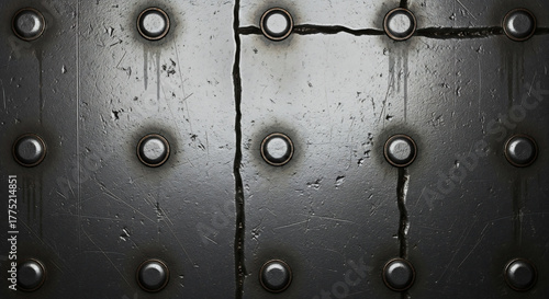 A textured metal panel secured with rivets and marked by vertical cracks