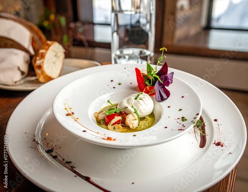 A white plate contains gourmet food decorated with herbs and flowers on a wooden table